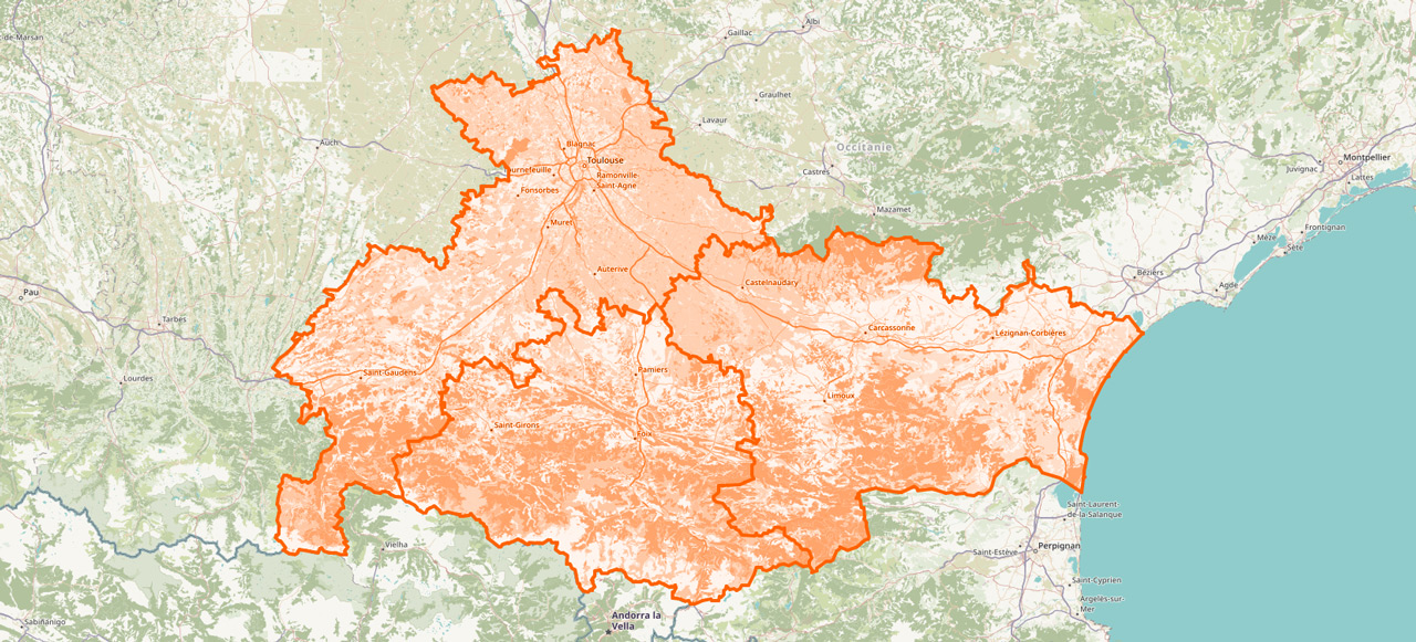 carte des départements où nous intervenons : l'Ariège, l'Aude et la Haute Garonne